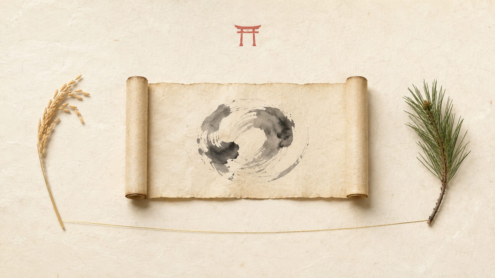 ivory washi 背景に painterly な俯瞰画像。中央に古い和紙と『四季』の墨の筆跡、左に稲穂(田の神)、右に松の小枝(山の神)、両者を金色の細線で連結、上空に朱色鳥居遠景。田の神と山の神の春秋去来の文化的背景を象徴
