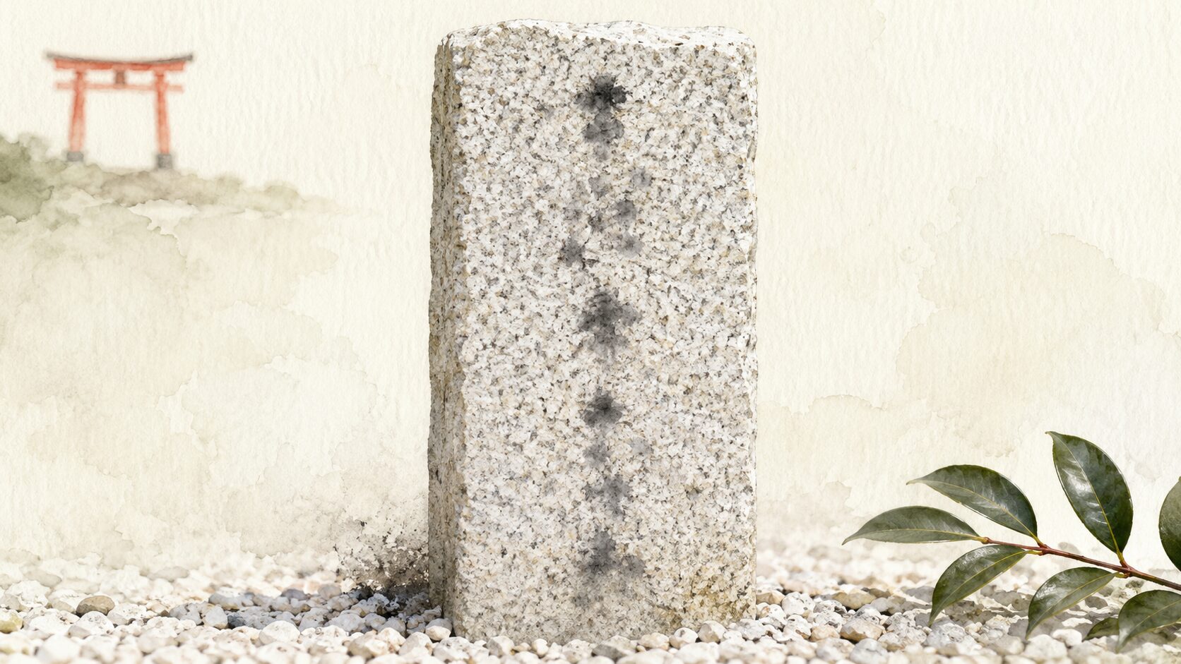 ivory washi 背景に painterly な石造りの社号標の接写。中央に『大神宮』を象徴する墨の筆跡、手前に玉砂利、左上に朱色鳥居遠景、右下に常緑の小枝。大神宮の特殊な社号を象徴