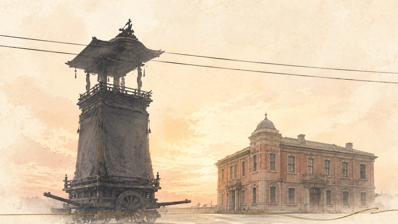 明治末から大正初期の神田の街並みを painterly に描いた風景。画面奥に煉瓦造りの建物 1 軒と、上空を横切る黒い電線が 2-3 本うっすらと描かれる。手前には背の高い江戸時代の山車 1 基のシルエットが控えめに立ち、山車の屋根が電線に届きそうな高さで描かれる。空は夕方の淡いオレンジ。山車文化が近代化のインフラに直面した時代の象徴的な情景