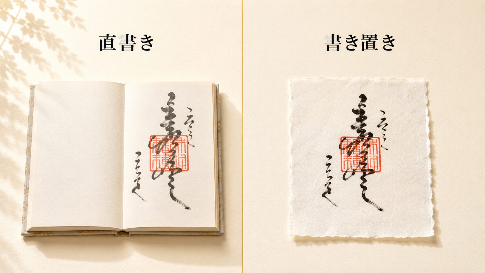 直書き（御朱印帳に直接書かれた状態）と書き置き（独立した半紙の御朱印）を左右2パネルで対比した図解。両者の違いと役割の対等性を視覚化