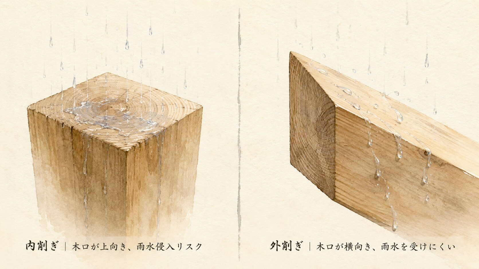 ivory washi 背景に painterly な内削ぎ(左・木口上向きで雨水侵入)と外削ぎ(右・木口横向きで雨水流れ落ちる)の対比、木材保護の見方を視覚化