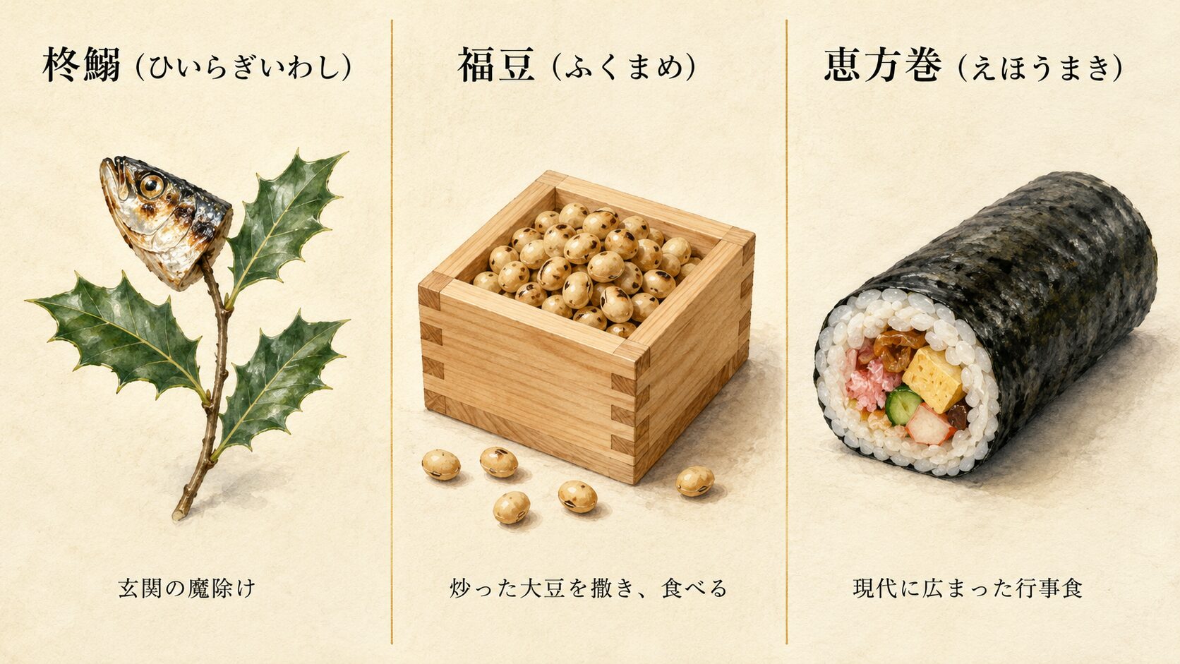 節分の食文化を象徴する3点(柊鰯・福豆の升・恵方巻)の painterly な静物が3列で並ぶインフォグラフィック