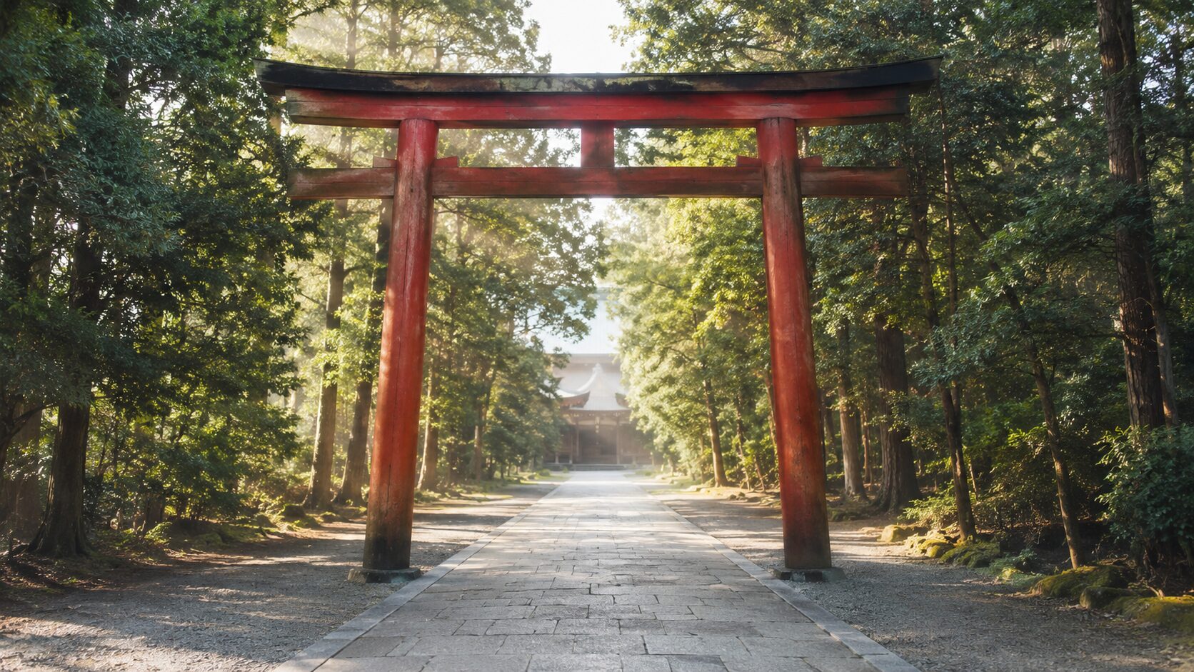 ivory washi 背景に painterly な神社境内の遠景。朱色鳥居から伸びる石畳の参道、両側の鎮守の森、奥に拝殿の屋根。占いとは区別された神社神道の正統な祭祀の場を象徴(人物なし)