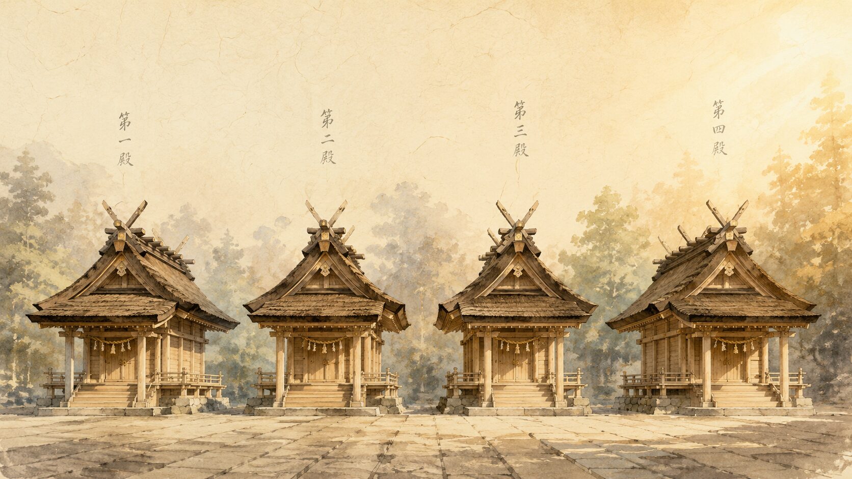 ivory washi 背景に painterly な4つの本殿のシルエットが横並びに配された構図、第一殿（武甕槌命）・第二殿（経津主命）・第三殿（天児屋根命）・第四殿（比売神）の四柱の配置を象徴