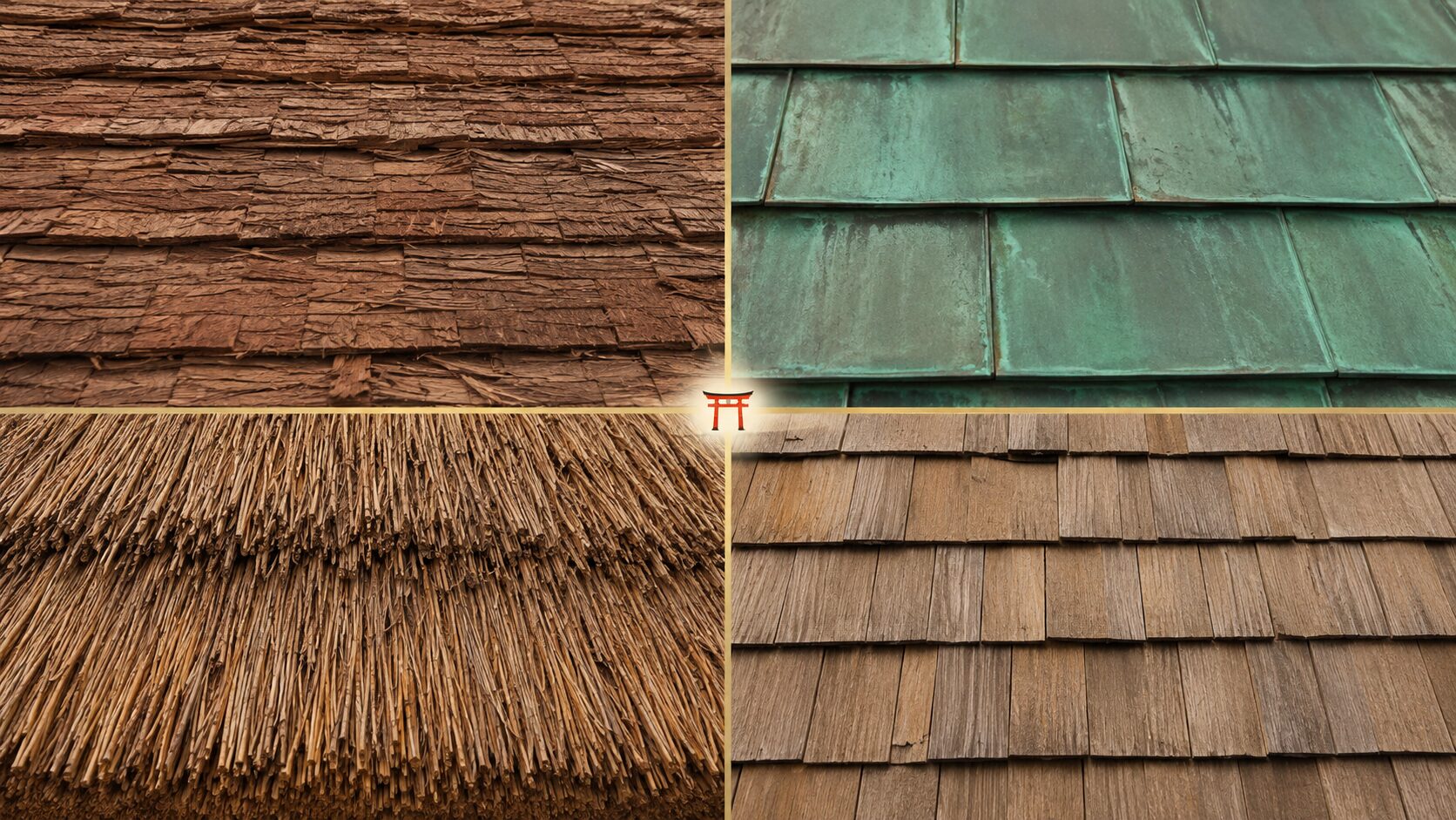 ivory washi 背景に painterly な 2x2 の 4 領域図解。檜皮葺・銅板葺(緑青色)・茅葺・柿葺の素材テクスチャを接写、中央に朱色鳥居遠景。神社建築の葺き材 4 種を象徴