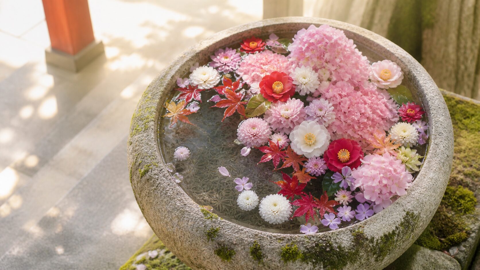 石の水盤に紫陽花・もみじ・椿などの色とりどりの花が浮かぶ花手水の俯瞰、明るい自然光で華やかに輝く水面、水盤の縁に麻の葉文様が薄く透ける構図