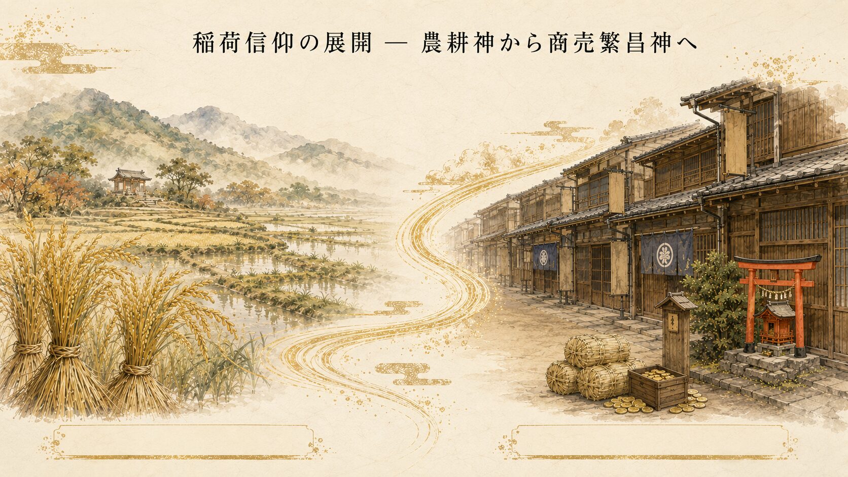稲荷信仰の歴史を絵巻風に視覚化した概念図。左に稲穂と田園（農耕神の起源）、右に町家と屋敷稲荷社（近世の商業発展）を、中央の金の流線で時代の流れと結びつけた構図
