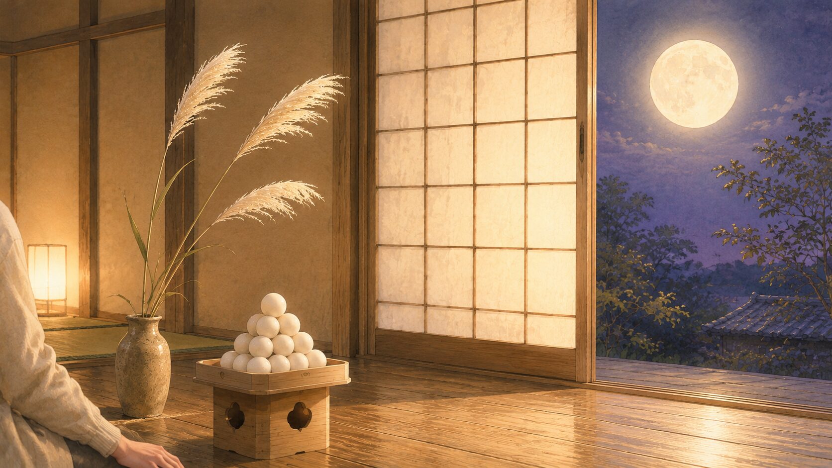 日本家屋の縁側に painterly な三方が据えられ、月見団子とススキが供えられた、家庭の月見の静かな夜景