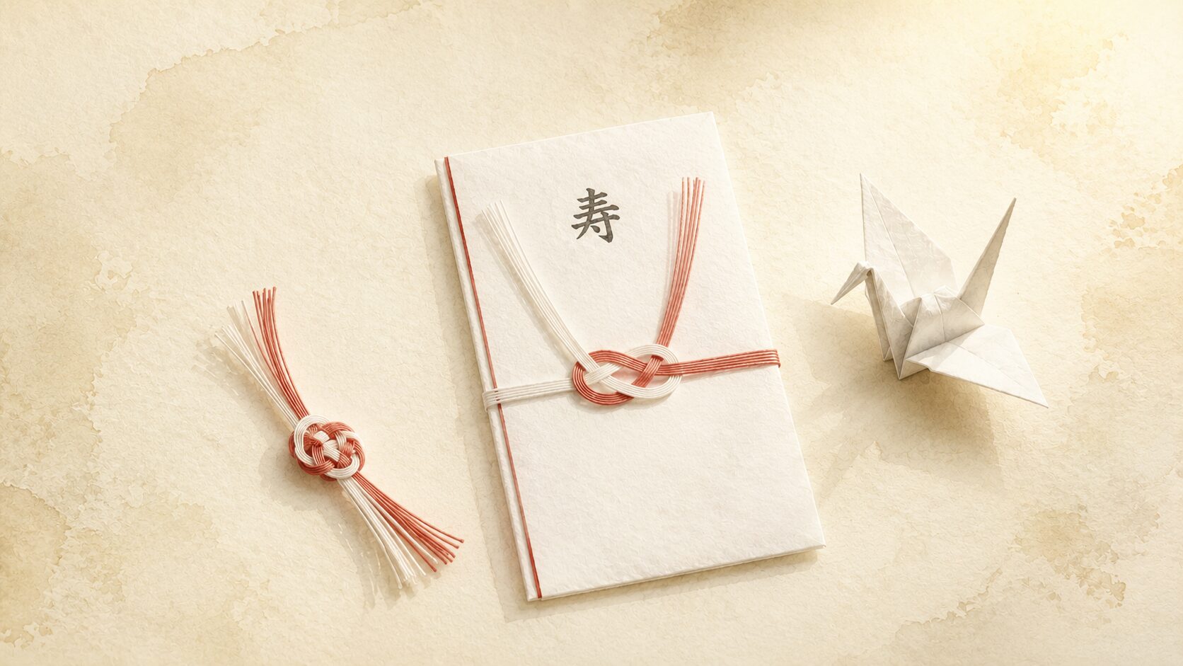 ivory washi 卓上に painterly な水引(紅白)と御祝儀袋・小さな鶴の折り紙が静かに置かれた構図、現代に残る結婚式の言葉のマナーを象徴