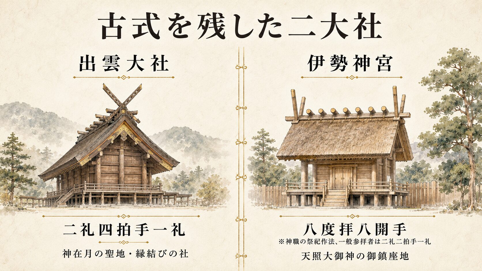 出雲大社（大社造・X型千木・二礼四拍手一礼）と伊勢神宮（神明造・平行千木・八度拝八開手）を 2 列で対比した比較インフォグラフィック