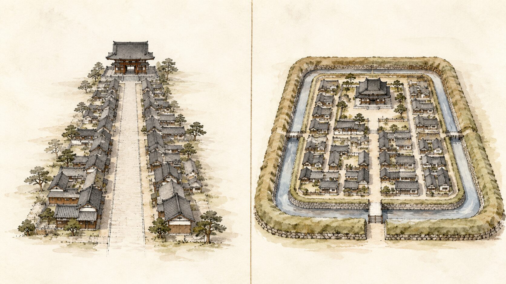 ivory washi 背景に painterly な俯瞰画像。左に門前町(開かれた参道沿いの町家と山門)、右に寺内町(濠と土塁に囲まれた寺院と町家の区画)の対比。門前町と寺内町の違いを象徴