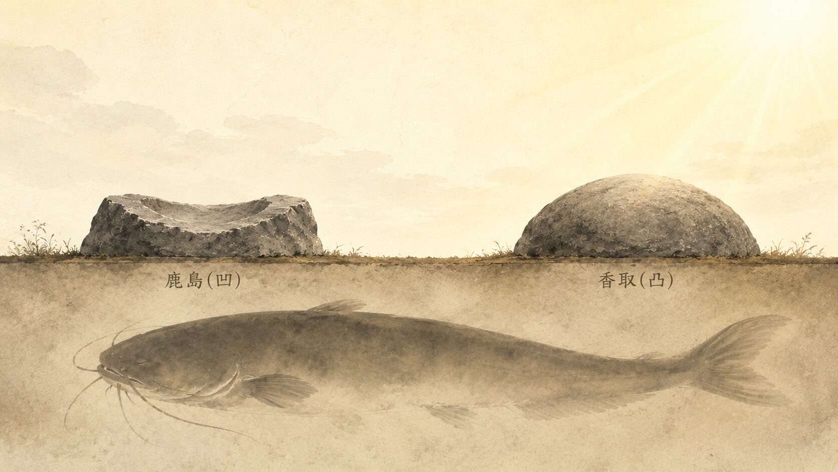 ivory washi 背景に painterly な凹形(鹿島)と凸形(香取)の要石を左右に対比配置、地中に painterly な大鯰のシルエット、それぞれに鹿島・香取のラベル、要石の対の伝承と地震鎮めを象徴する構図
