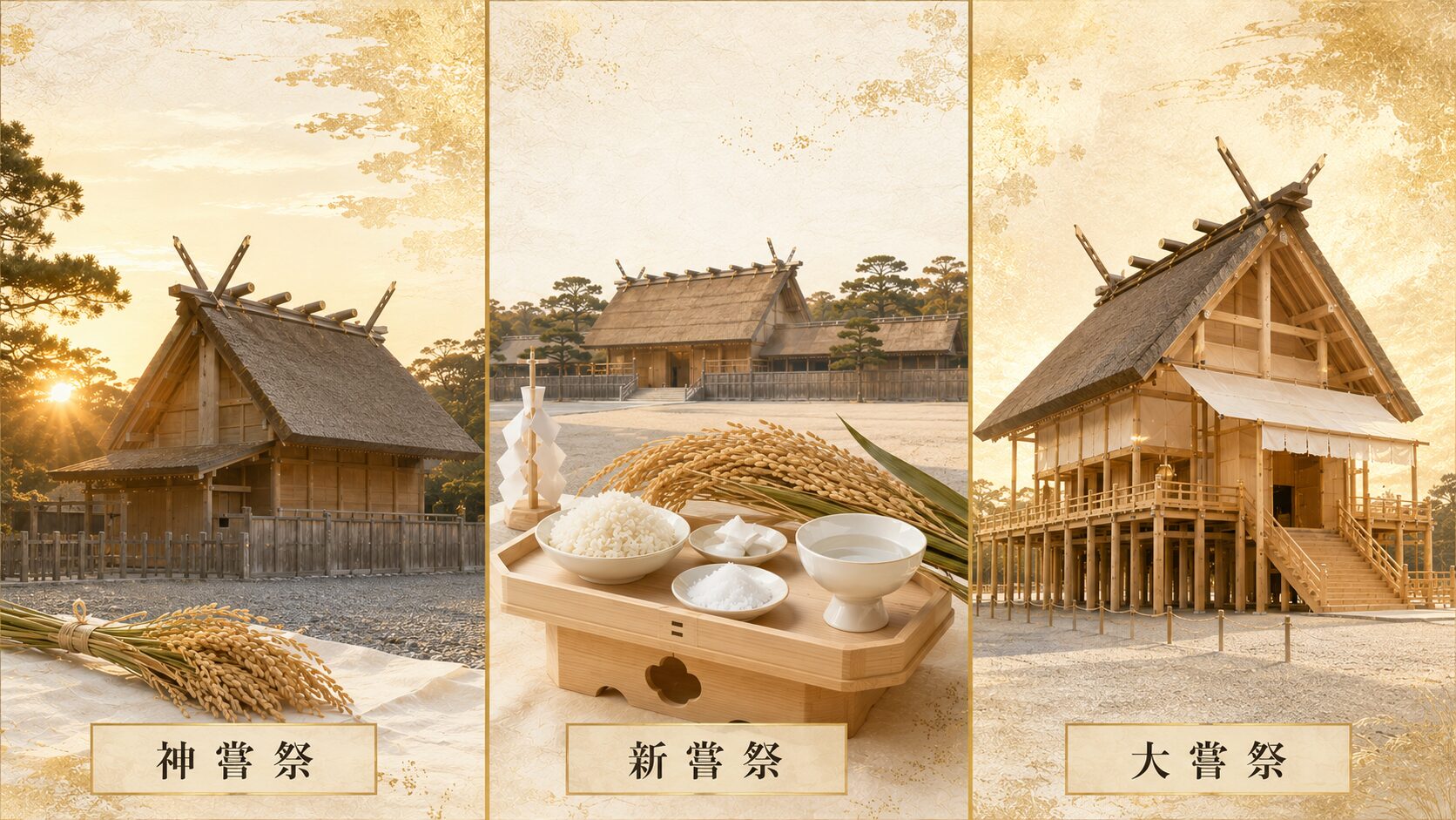 神嘗祭・新嘗祭・大嘗祭の3つの国家祭祀を象徴する3パネル painterly 図解。各祭祀の場と稲穂・神饌を象徴的に表現