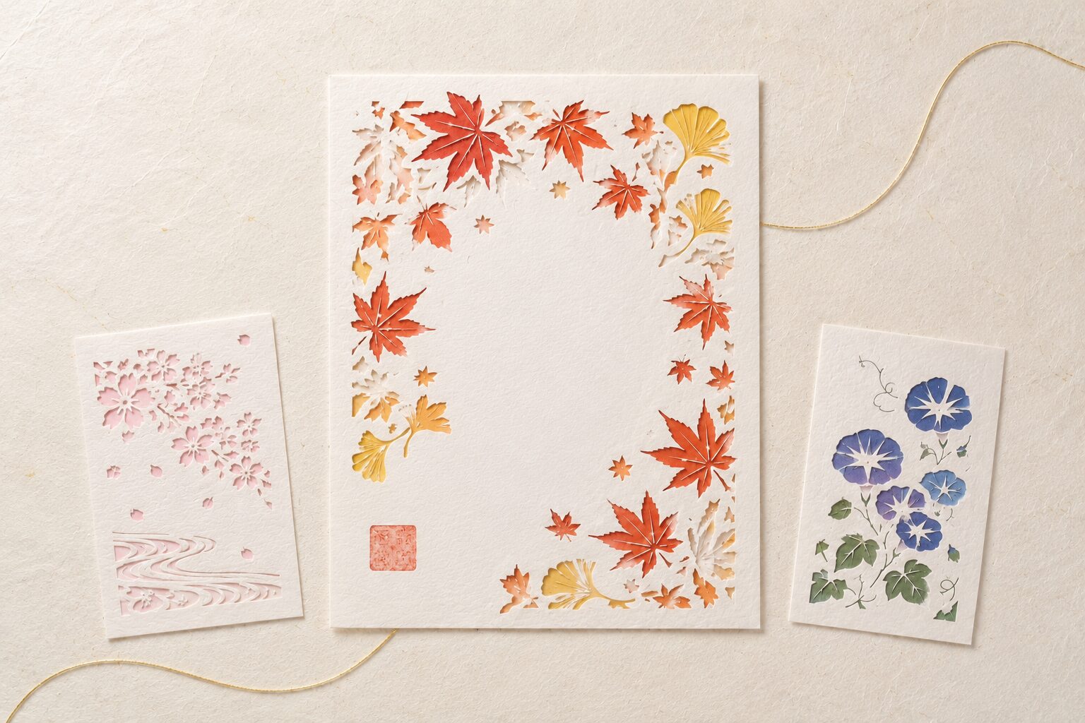 ivory washi 背景に painterly な切り絵御朱印1枚が画面中央に大きく配置、季節の意匠(紅葉と銀杏の繊細な切り抜き模様)、台紙の朱印は控えめに1か所、両脇に2枚の控えめな見本(春の桜・夏の朝顔)が小さく配置されている。切り絵御朱印の意匠的な広がりを象徴