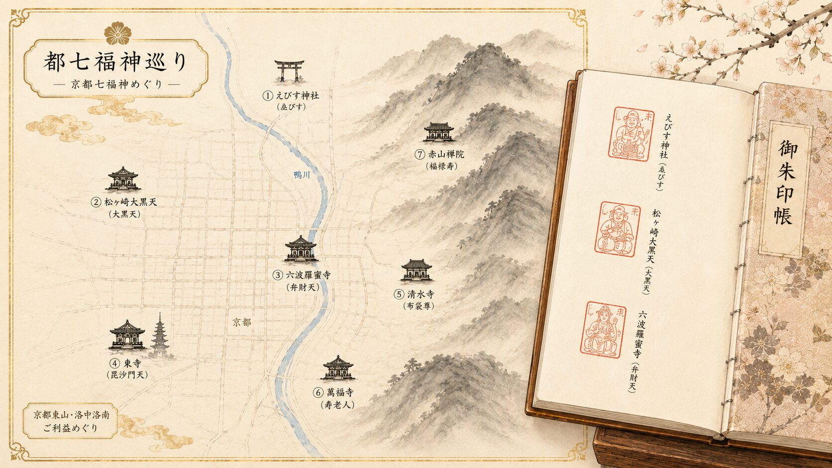 京都の painterly な地図風景と都七福神まいりの7札所を象徴する小さな painterly アイコンが点在する、七福神巡りの構図