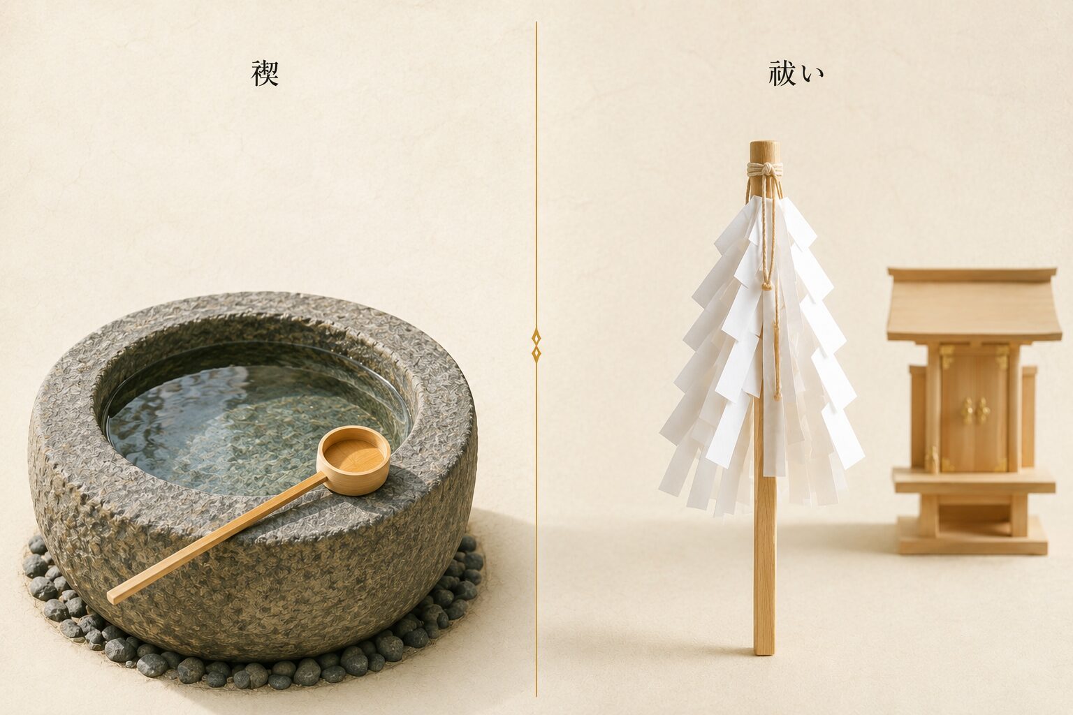 ivory washi 背景に painterly な 2 つの祓いの場面が左右に並列配置、左：石造の手水鉢に清水が湛えられ、柄杓 1 本が縁に立てかけられた静物（禊＝水による浄化を象徴）、右：祓串（御幣）が 1 本立てられ、その奥に小ぶりの祭壇が見える静物（祓い＝祝詞による浄化を象徴）、それぞれの上に小さな日本語ラベル「禊」「祓い」。穢れを清める二系統を象徴