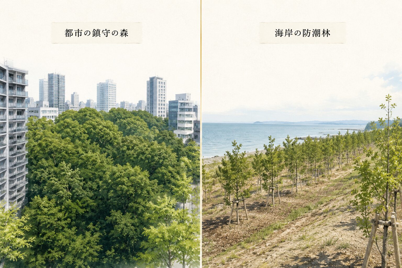ivory washi 背景に painterly な左右 2 領域の風景画、左半分：都市の中の鎮守の森を象徴する高層建築の隙間に広がる常緑広葉樹の森（明治神宮的な都市の森）、上に小さな日本語ラベル「都市の鎮守の森」、右半分：東日本大震災後の海岸沿いに植えられた防潮林を象徴する海岸線と若い常緑広葉樹の列植、奥に静かな海、上に小さな日本語ラベル「海岸の防潮林」、中央に細い金の縦線で領域分け。鎮守の森の現代的役割を象徴