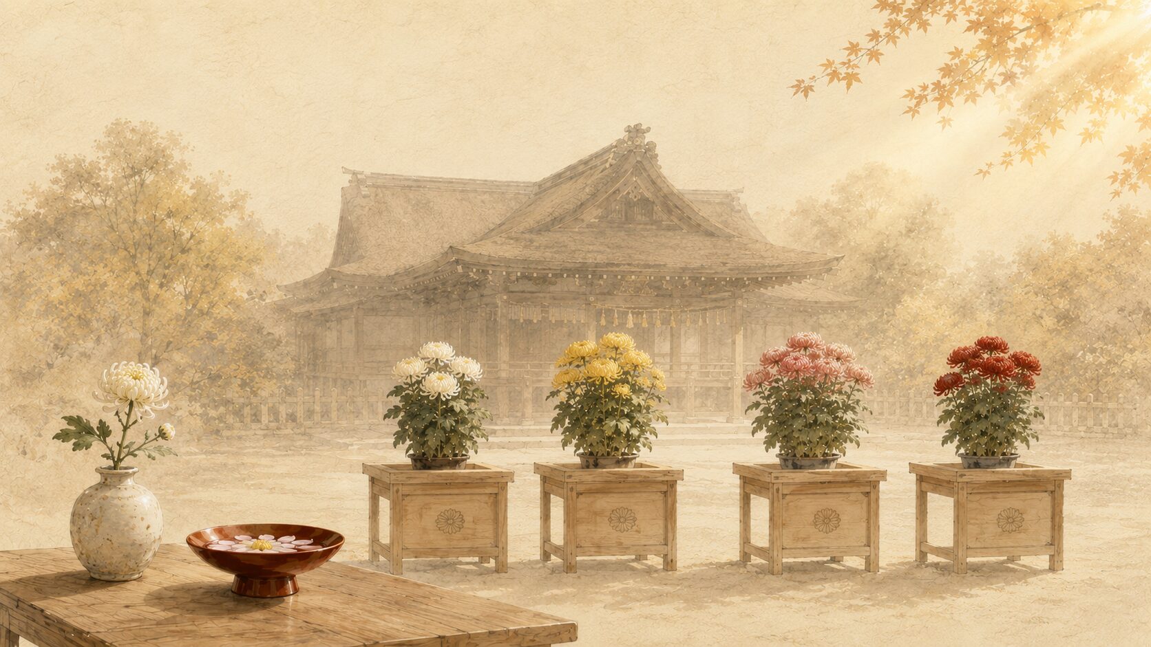 神社境内の painterly な菊花展の様子と、菊の花が陳列された静謐な現代の継承の構図
