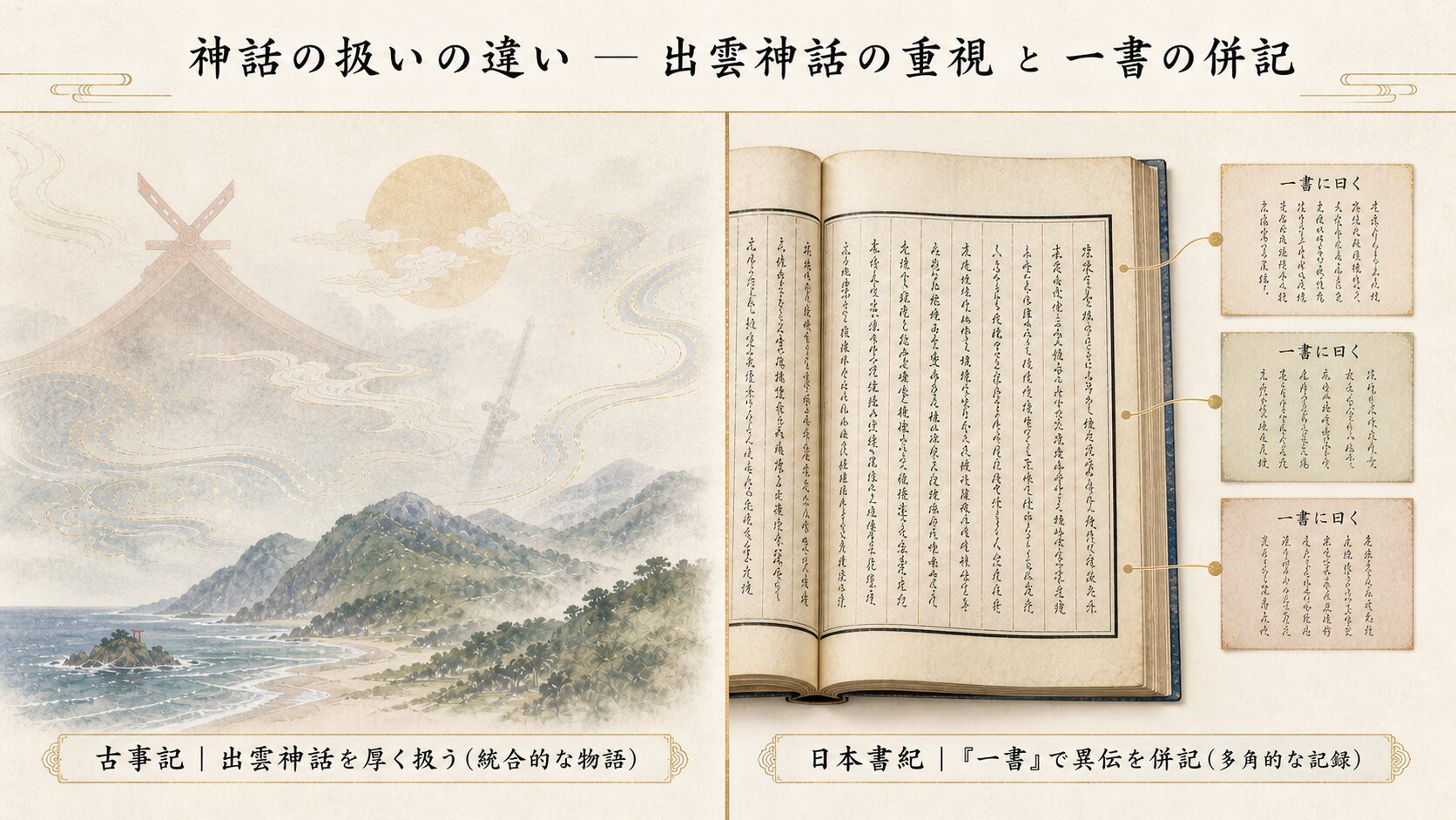 古事記の『出雲神話を厚く扱う統合的物語』と日本書紀の『一書による異伝併記』の違いを左右パネルで対比した概念図。左に出雲神話のシンボル、右に異伝併記の書物見開き