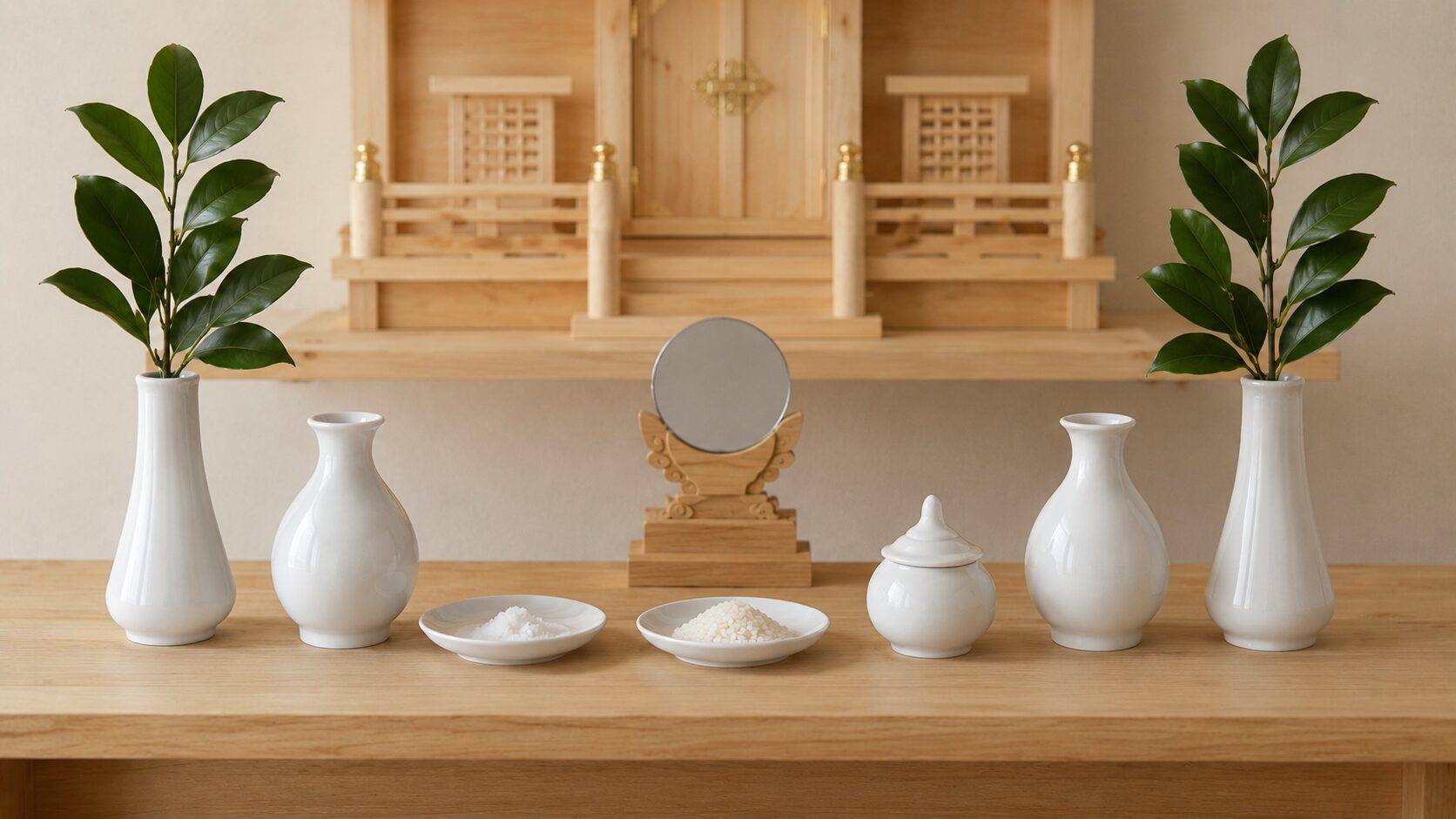ivory washi 背景に painterly な神具一式（榊立て1対・水玉1個・皿2枚・瓶子1対・神鏡1個）とお供え物（米・塩・水）が神棚の前に整然と並ぶ静物、家庭祭祀の基本構成を象徴