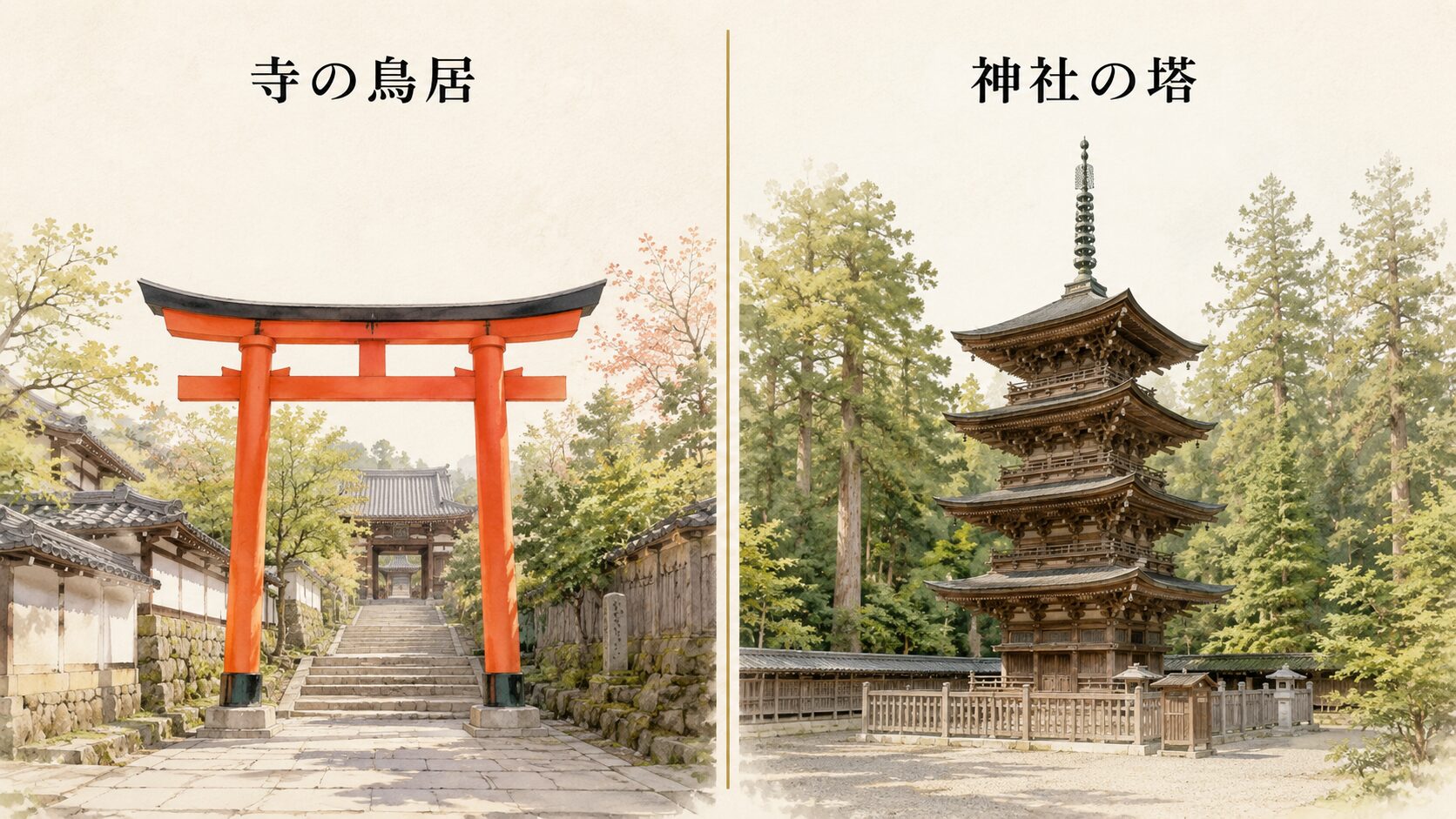 ivory washi 背景に painterly な左右対比構図で、左に寺院の鳥居、右に神社の塔が配置された景観画像。現代に残る神仏習合の風景（宝山寺・談山神社・日光東照宮風）を象徴