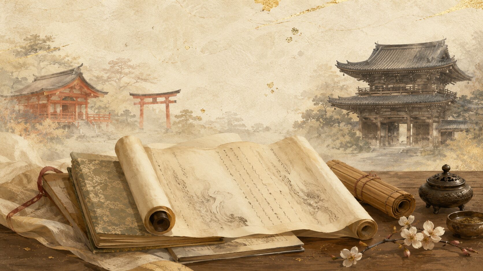 神道の歴史を象徴する painterly 静物配置。中央に古文書(古事記・日本書紀・延喜式の象徴)、左に神社のシルエット、右に寺院のシルエットを配し、神仏習合から神仏分離までの歴史を表現