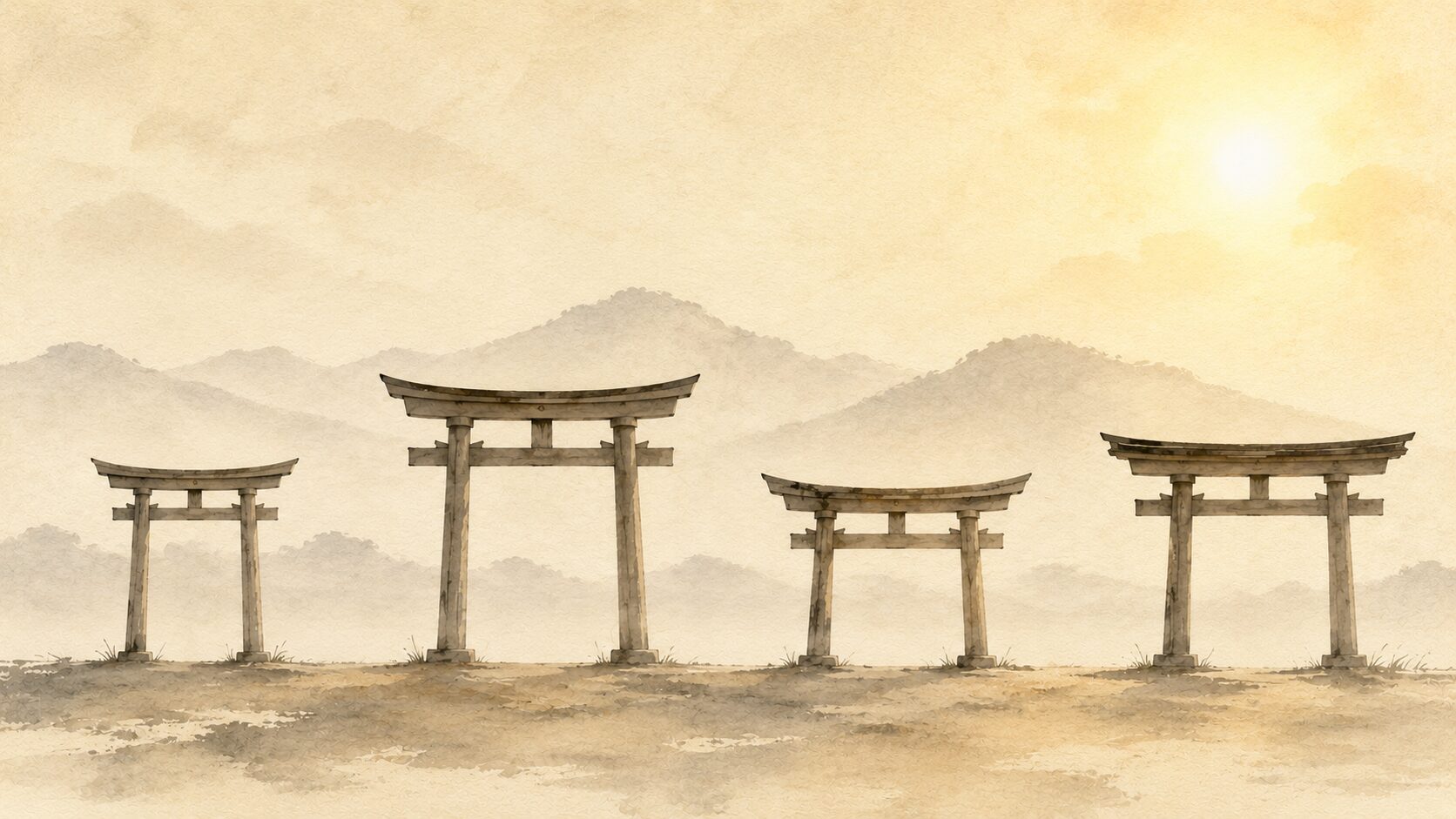 ivory washi 背景に painterly な4つの鳥居のシルエットが静かに並び、奥に出雲の山並み、関連神社（須佐神社・八重垣神社・氷川神社・八坂神社）を象徴