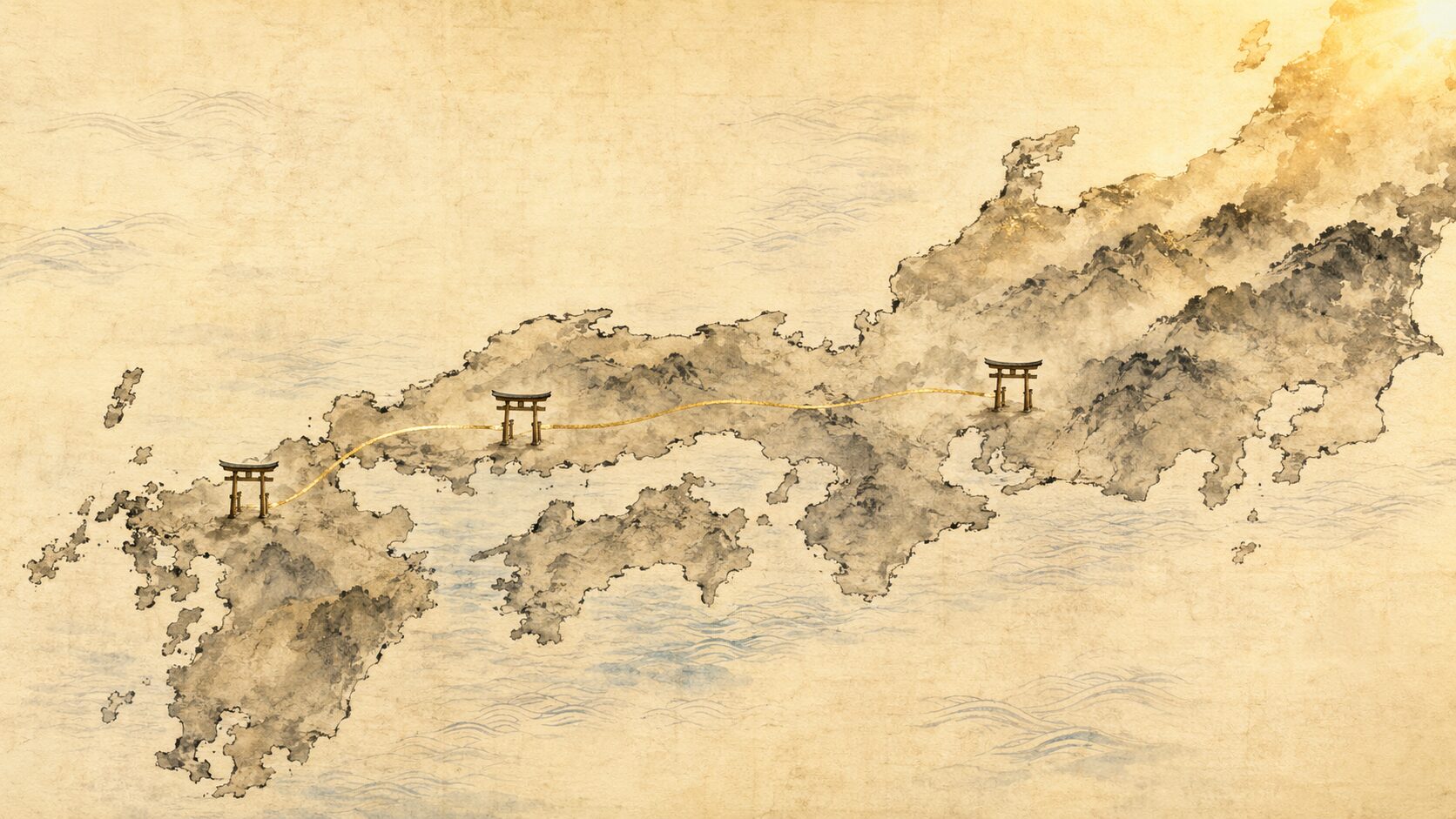 ivory washi 背景に painterly な日本列島の古地図、九州（太宰府）・近畿（北野）・中国地方（防府）の3点にそれぞれ painterly な鳥居のシルエットが配された構図、日本三大天神を象徴