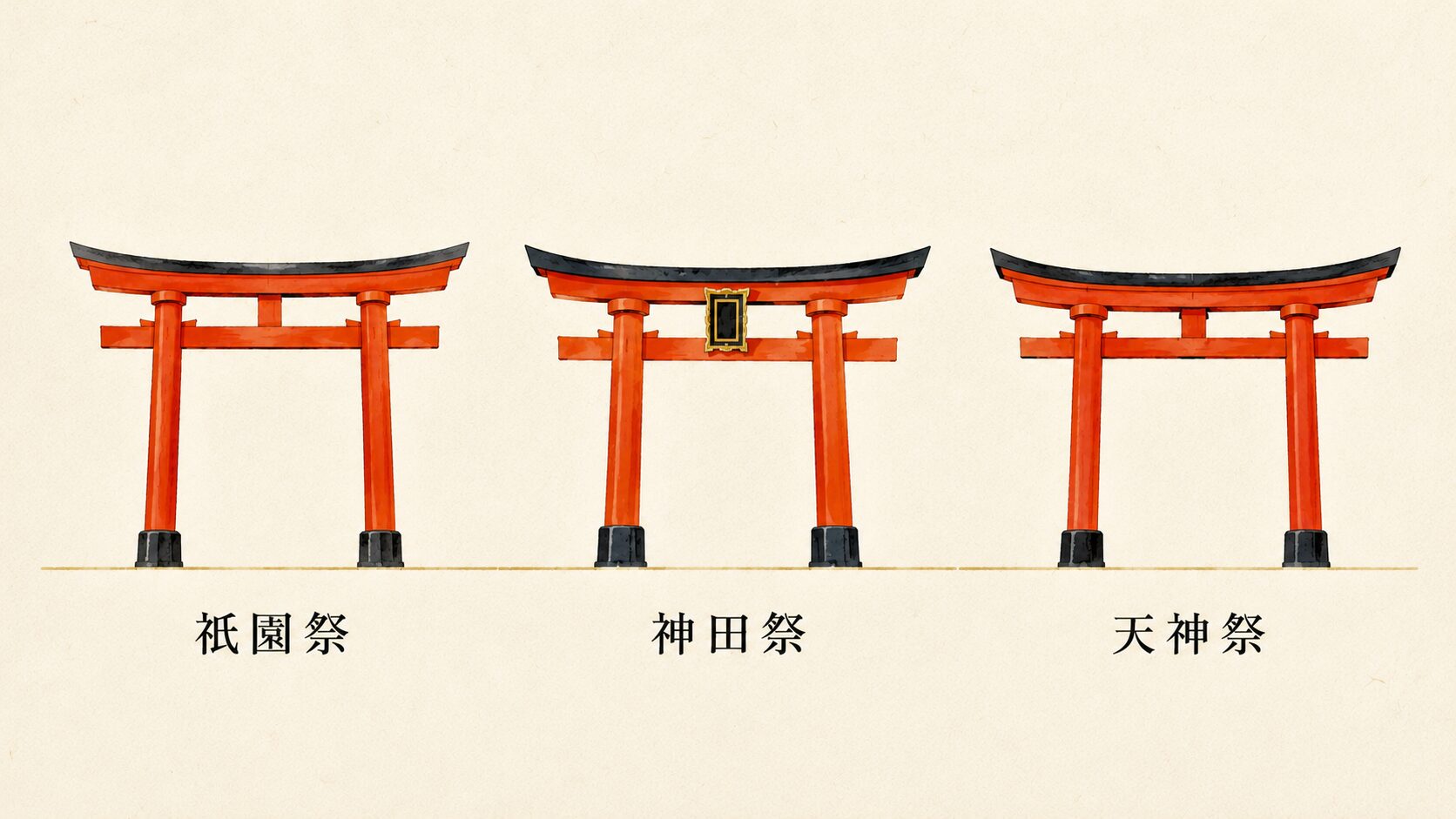 ivory washi 背景に painterly な横一列の 3 つの鳥居アイコン。左に八坂神社(祇園祭)を表す朱色の鳥居 1 基、中央に神田明神(神田祭)を表す朱色の鳥居 1 基、右に大阪天満宮(天神祭)を表す朱色の鳥居 1 基が並ぶ。各鳥居の下に祭礼名「祇園祭」「神田祭」「天神祭」のラベル(漢字 3 文字)が painterly タッチで描かれる。日本三大祭の舞台となる 3 つの神社を象徴的に対比する図解