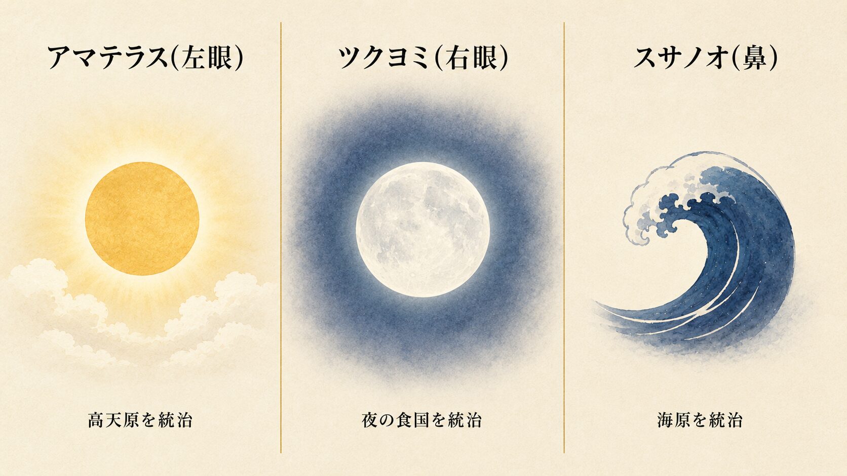1920×1080 を3列に等分し、左列『太陽(アマテラス・高天原)』中央列『月(ツクヨミ・夜の食国)』右列『海(スサノオ・海原)』の painterly な象徴静物が3点並ぶ三貴子誕生インフォグラフィック
