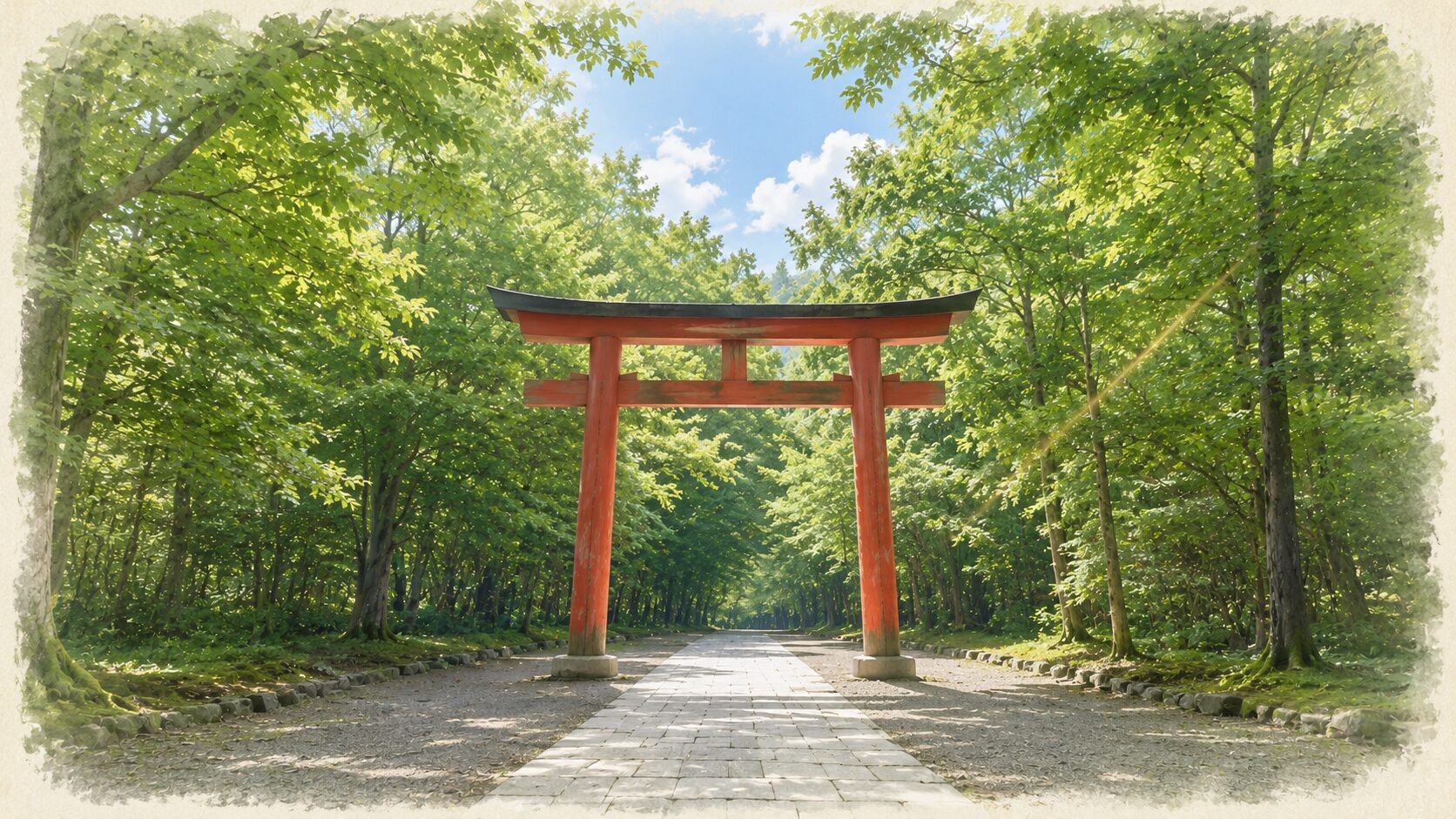 夏の正午過ぎ、青葉の鎮守の森に囲まれた朱色の鳥居 1 基を仰ぐ painterly な情景。鳥居の奥に石畳の参道が続き、青空が木漏れ日とともに鳥居の上方から差し込む。参道は人影なく清浄で、お盆中も参拝を受け入れる神社の静謐な空気を象徴する画像