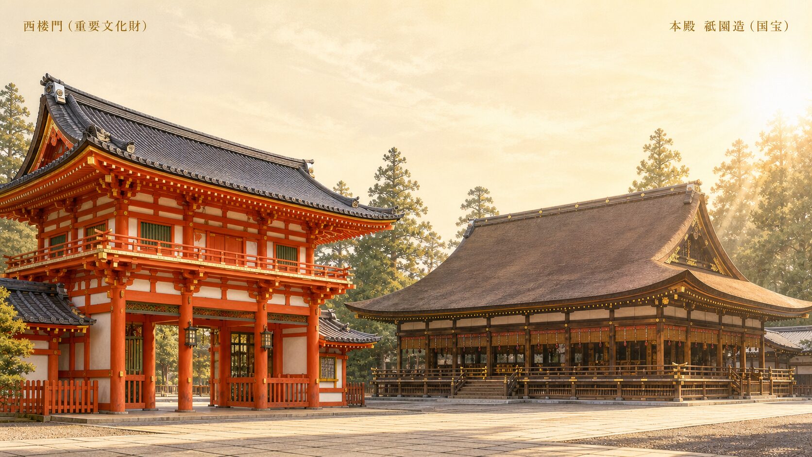 八坂神社の朱塗り西楼門（重要文化財）と本殿の祇園造の大屋根を painterly に描いた構図。早朝の柔らかな光のなかでの建築美を視覚化