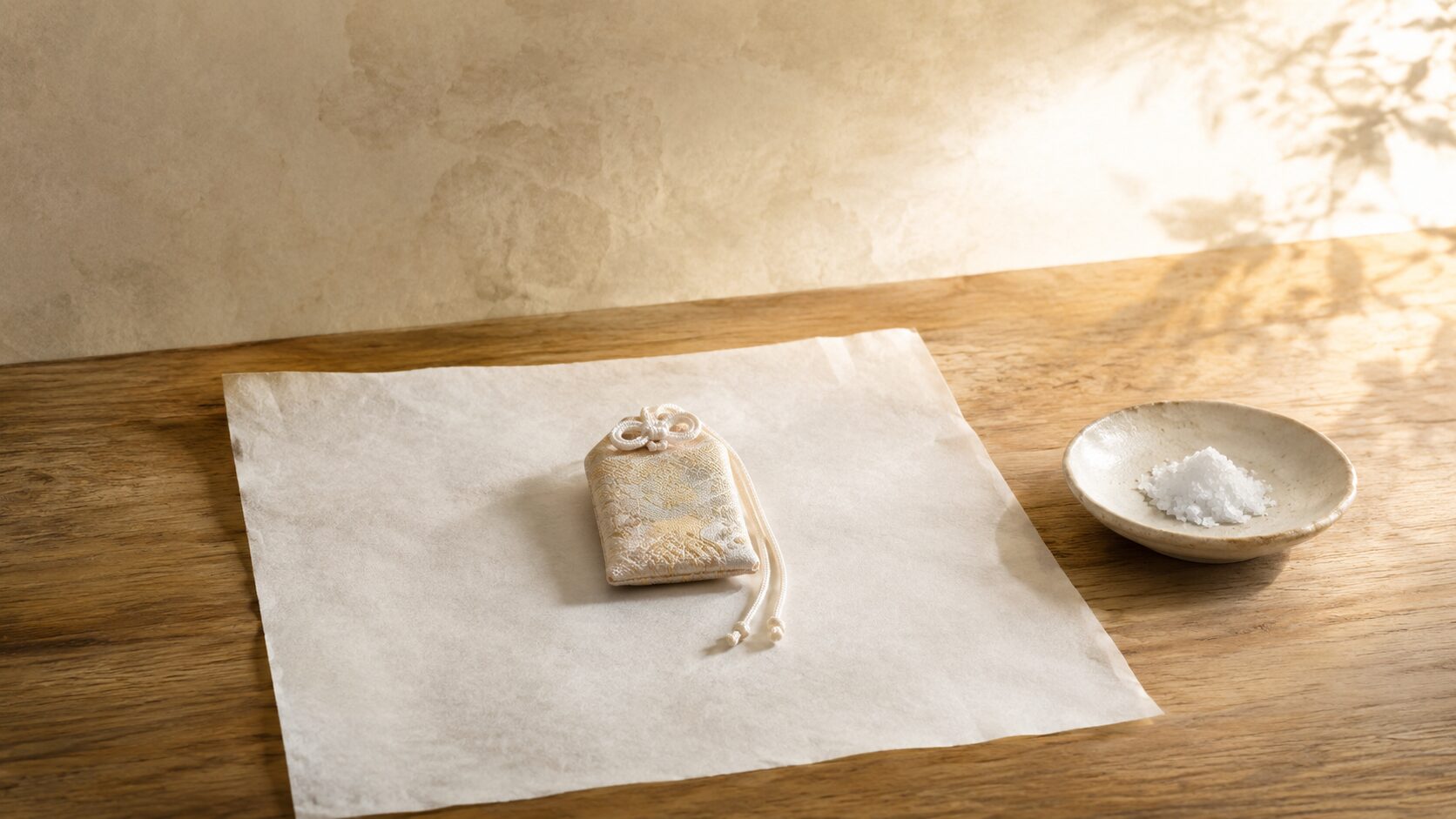 ivory washi 背景に painterly な白い半紙の上のお守り1点と小皿の塩、自宅で清めて手放す民間的対応の静物、返納先がない場合の対応を象徴
