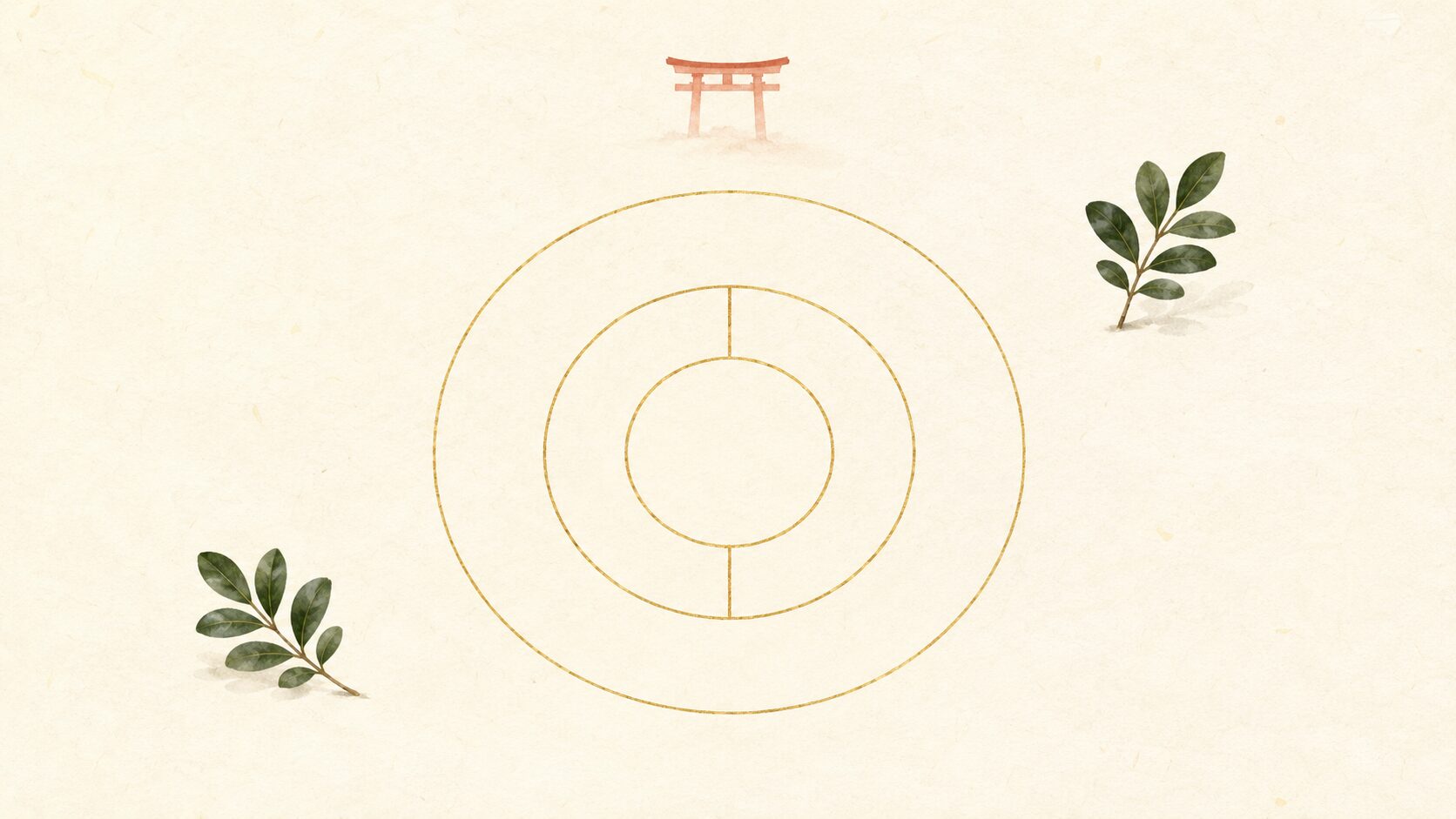 ivory washi 背景に painterly な抽象シンボル画像。中央に同心円 3 つ(自分・家族身近な人・地域社会)、上空に朱色鳥居遠景、円の周囲に常緑の小枝。自分の祈りと周囲の祈りが同じ円の中にある世界観を象徴