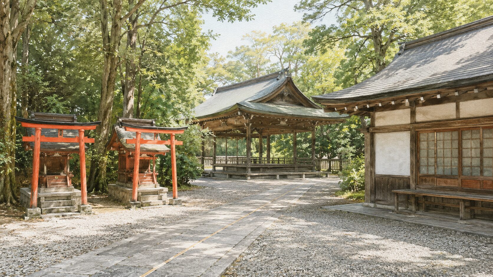 ivory washi 背景に painterly な神社境内側道の遠景。左に摂社 2 つ、右に社務所、奥に神楽殿、両側の鎮守の森。周辺施設(摂社・社務所・神楽殿)を象徴