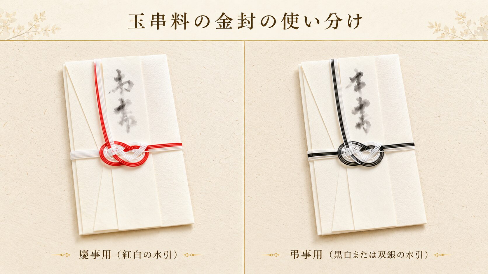 玉串料の金封を慶事用（紅白水引・初穂料）と弔事用（黒白水引・御霊前）の2パネルで対比した図解