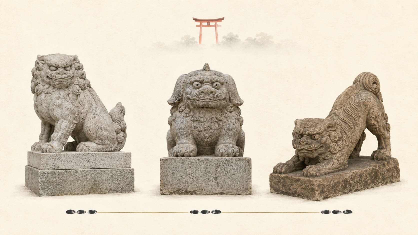 ivory washi 背景に painterly な俯瞰画像。左から江戸狛犬(蹲踞・花崗岩)、中央の浪花狛犬(角あり・丸い体)、右の出雲構え獅子(構えの姿勢・来待石)、上空に朱色鳥居遠景。日本三大狛犬の地域様式比較を象徴