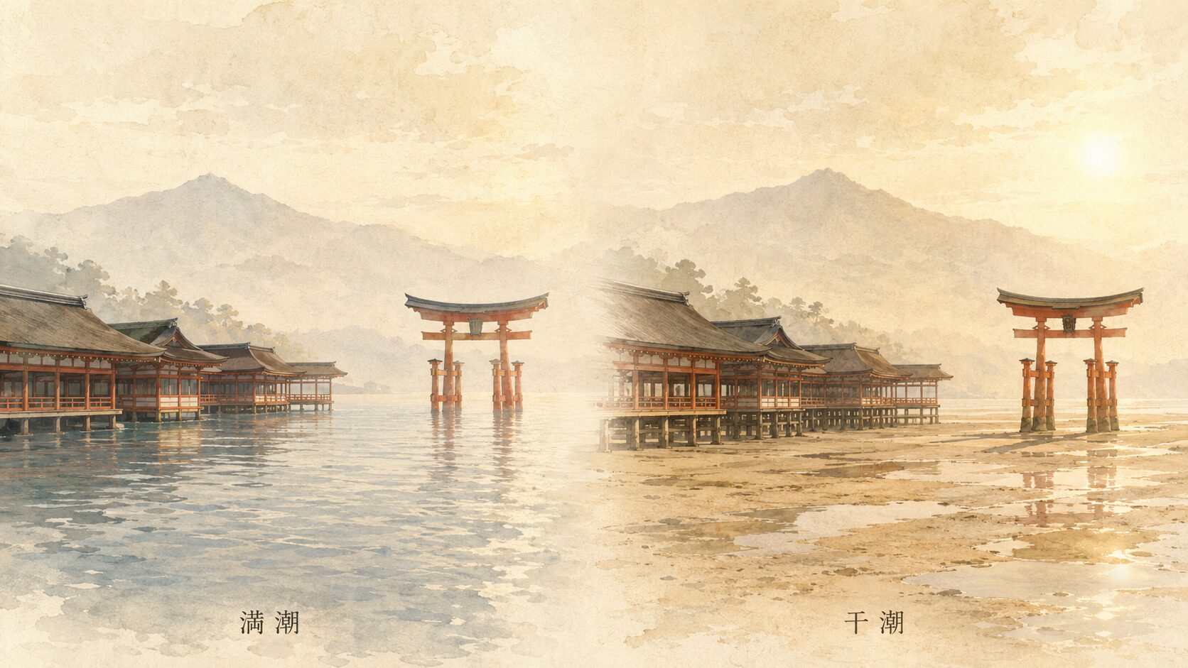 ivory washi 背景に painterly な満潮の朝(左)と干潮の朝(右)の穏やかな観光的対比構図、左に海に静かに浮かぶ社殿と大鳥居、右に床束と砂浜が現れた景観、満潮・干潮の墨書きラベル、潮の干満で変わる景観を象徴