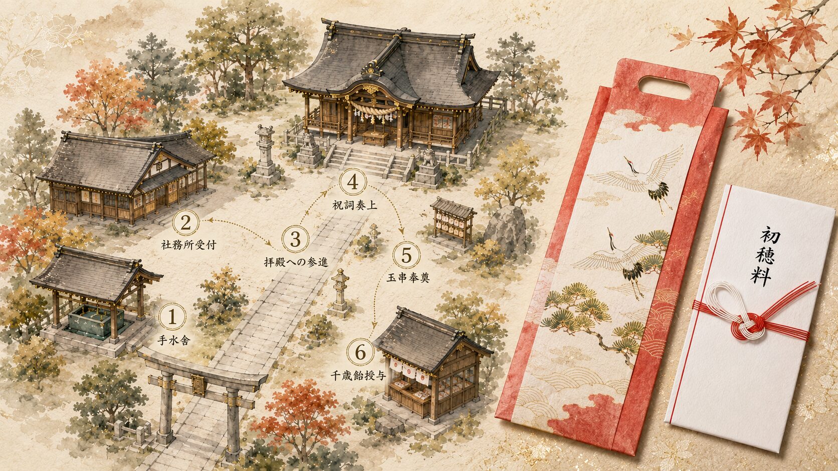 神社の社務所からご祈祷、千歳飴の授与までの七五三参拝の流れを painterly な俯瞰図で表現