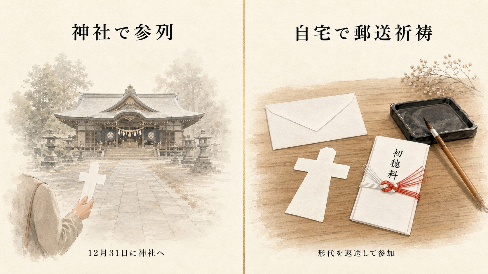神社の参列(拝殿前)と自宅での郵送祈祷(机に置かれた形代と封筒)を2列で対比した painterly な構図
