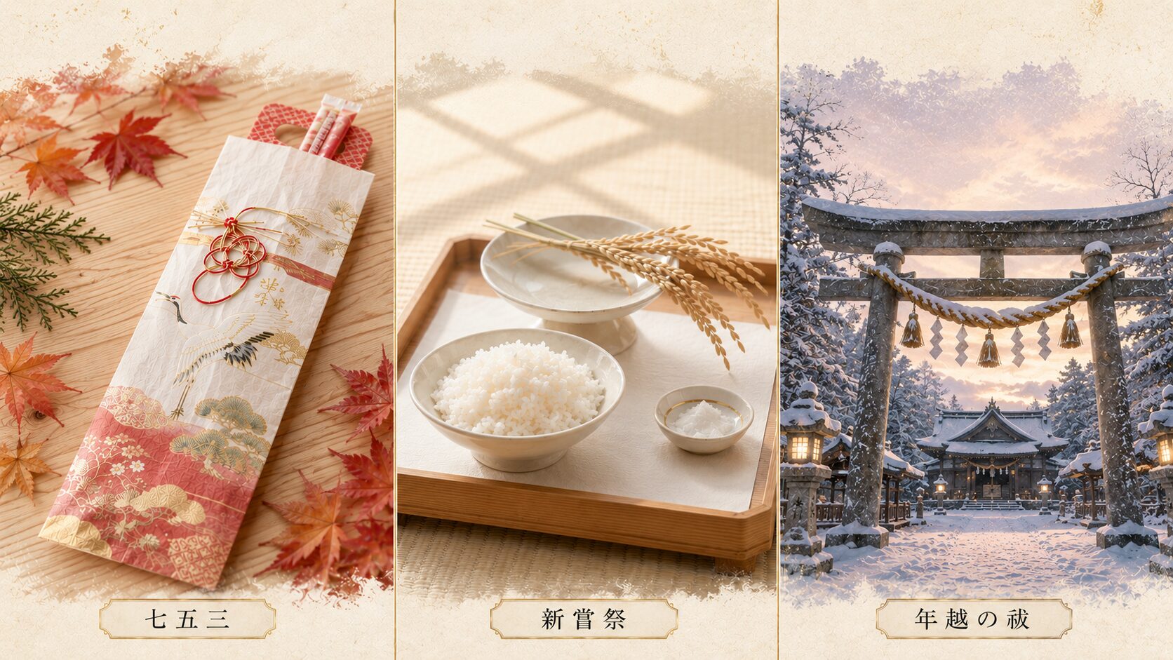 冬の年中行事（七五三・新嘗祭・年越の祓）を象徴的に視覚化した painterly 図解。千歳飴・神饌・年末の神社を配し、冬の祭祀の流れを表現