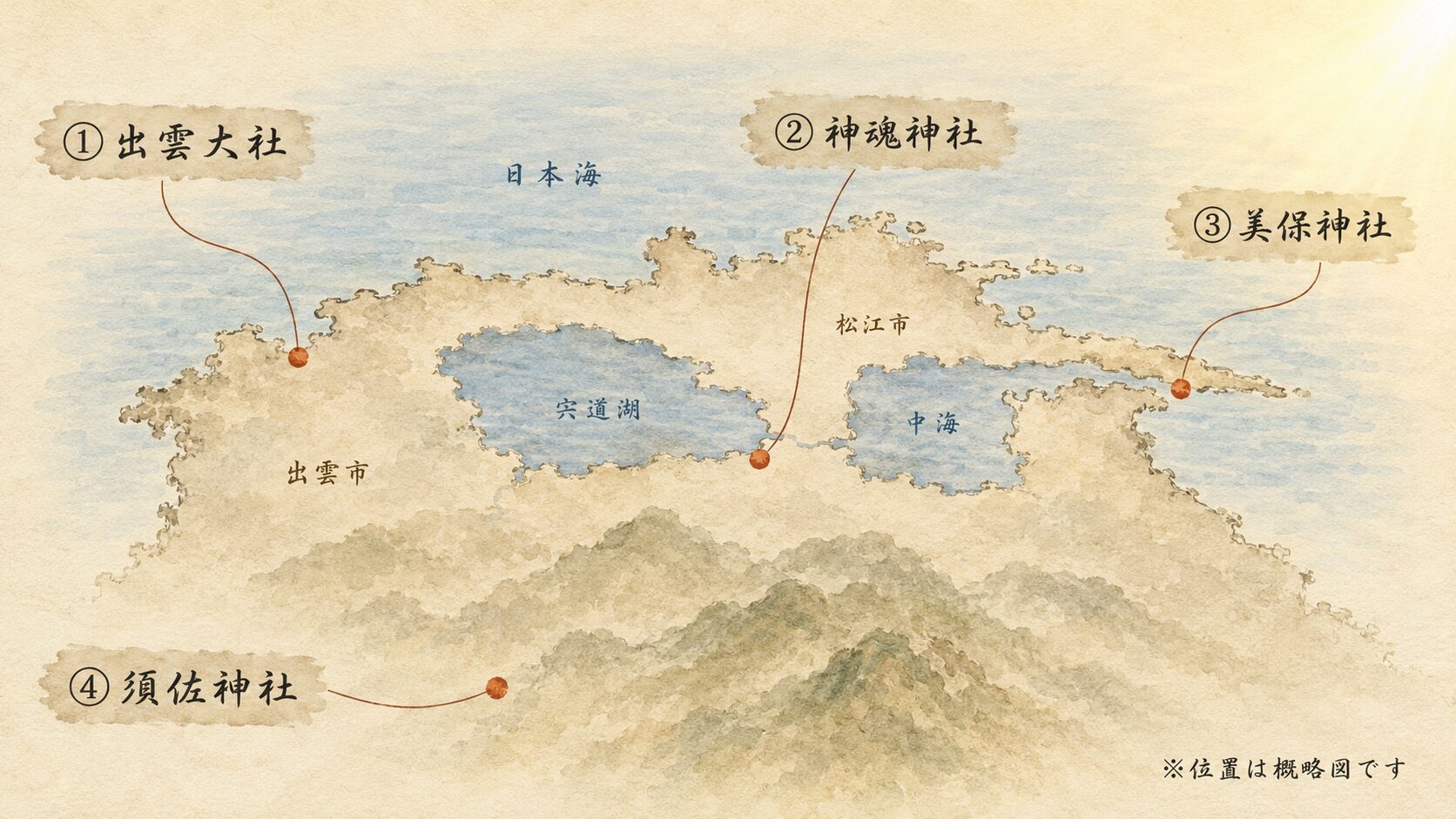 ivory washi 背景に painterly な島根県東半部(旧出雲国)の地図と4社の分布、出雲大社・神魂神社・美保神社・須佐神社を muted vermillion のドットで示す、大社造の島根集中分布を象徴