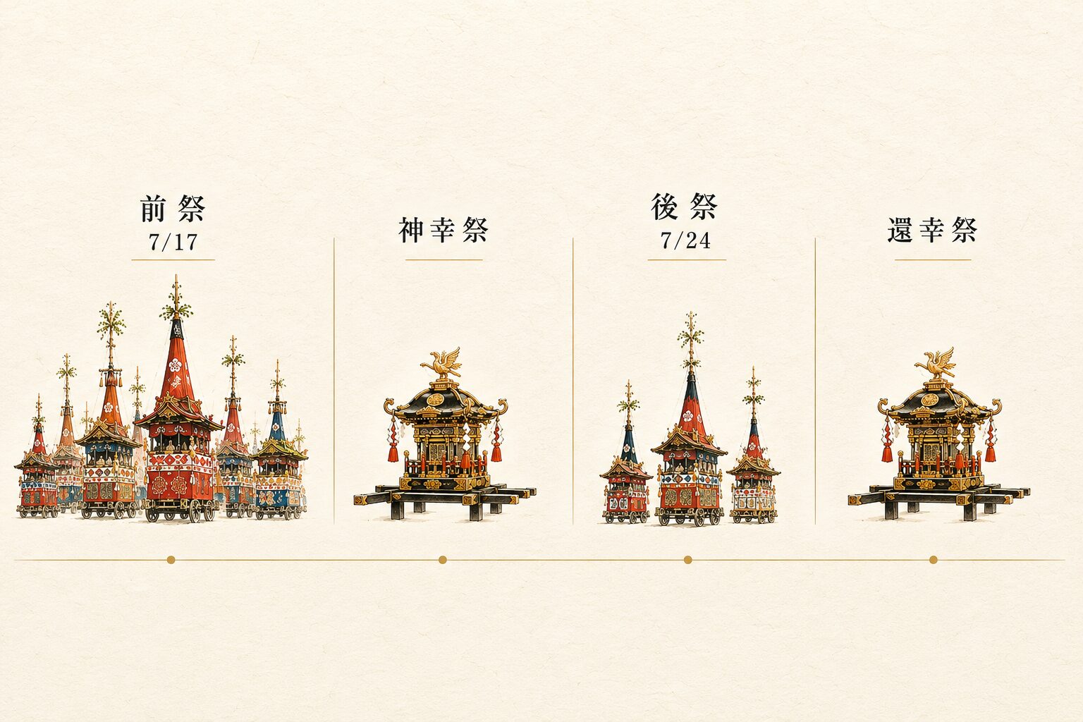 ivory washi 背景に painterly な水平のタイムライン構図、左から右に「前祭 7/17（鉾アイコン 23 個を象徴的に縦列・小さく表示）」→「神幸祭（神輿アイコン）」→「後祭 7/24（鉾アイコン 11 個を象徴的に縦列・小さく表示）」→「還幸祭（神輿アイコン）」を、細い金線でつないで時系列化、上部に小さな日本語ラベル「前祭」「後祭」、各セクション間に縦の細い金線で区切る。祇園祭の二段階構造を象徴