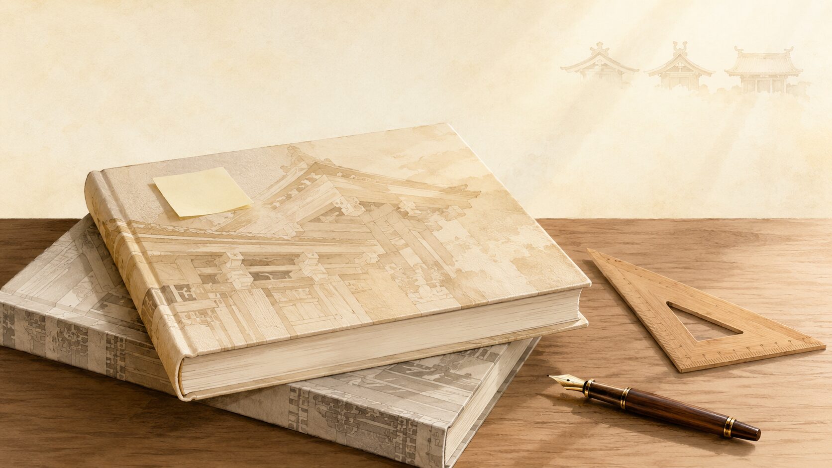 ivory washi 背景に painterly な神社建築の専門書2冊と木製三角定規・万年筆・付箋、背景に3様式の屋根シルエット三連、神社建築入門の学習を象徴
