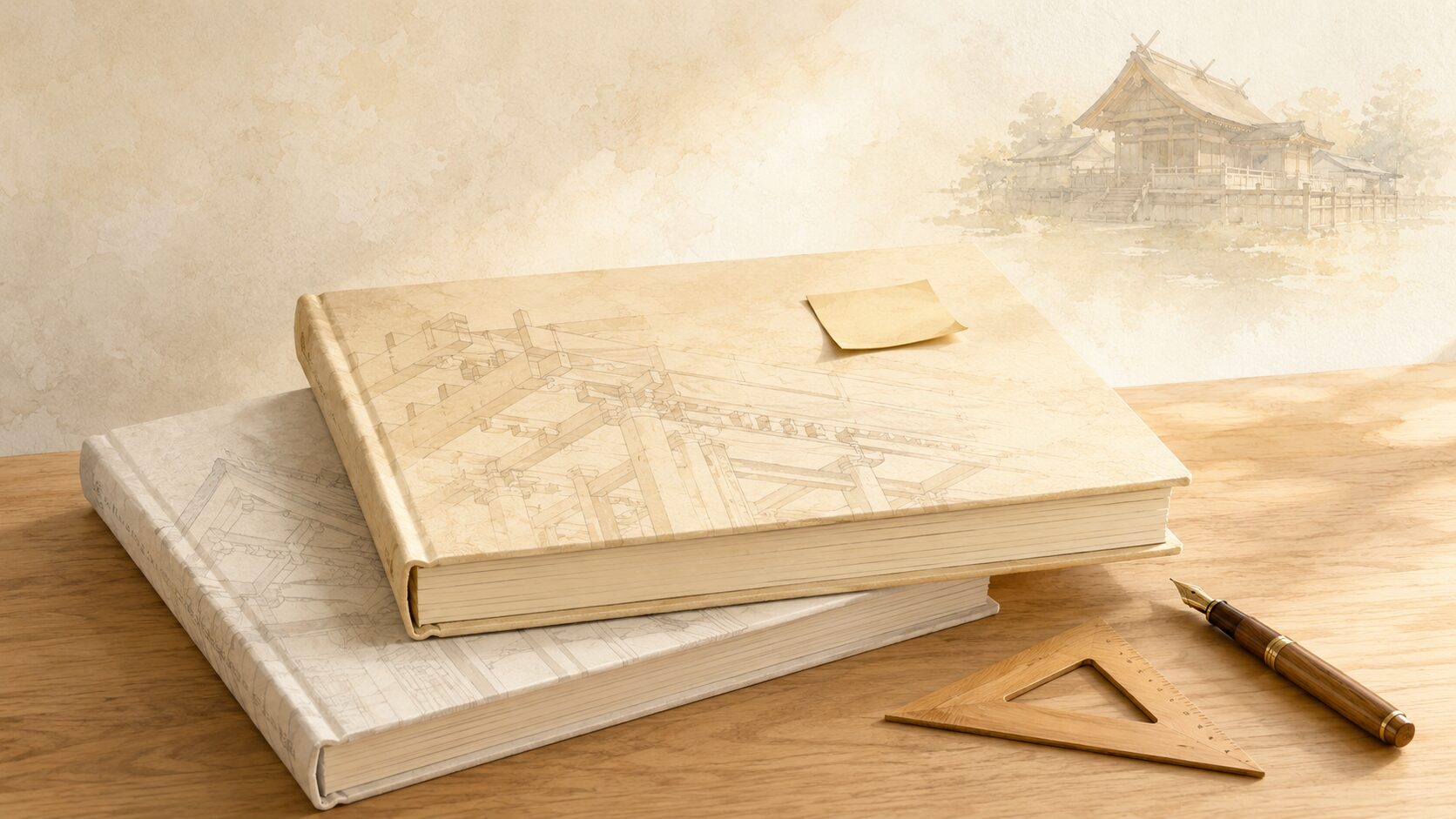 ivory washi 背景に painterly な神社建築の専門書2冊と木製三角定規・万年筆・付箋、背景に神明造本殿のシルエット、神社建築入門の学習を象徴
