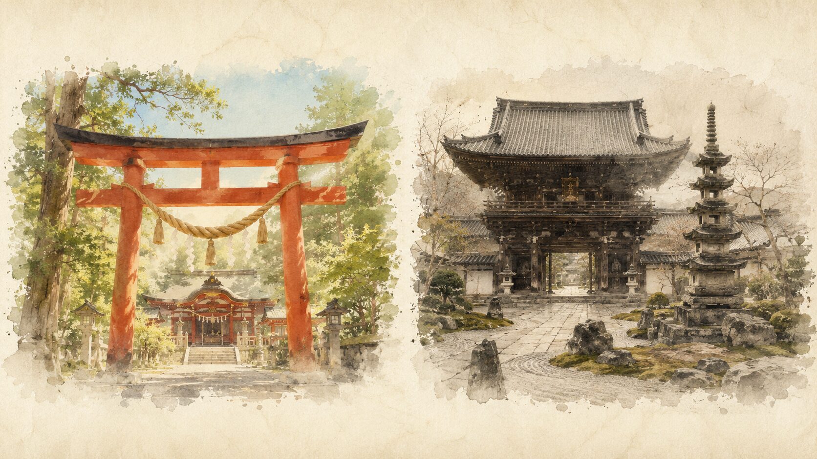 神道と仏教を2パネルで対比視覚化した painterly 図解。左=神道(鳥居・注連縄・神社)、右=仏教(寺院山門・五輪塔)で2つの宗教文化の違いを表現