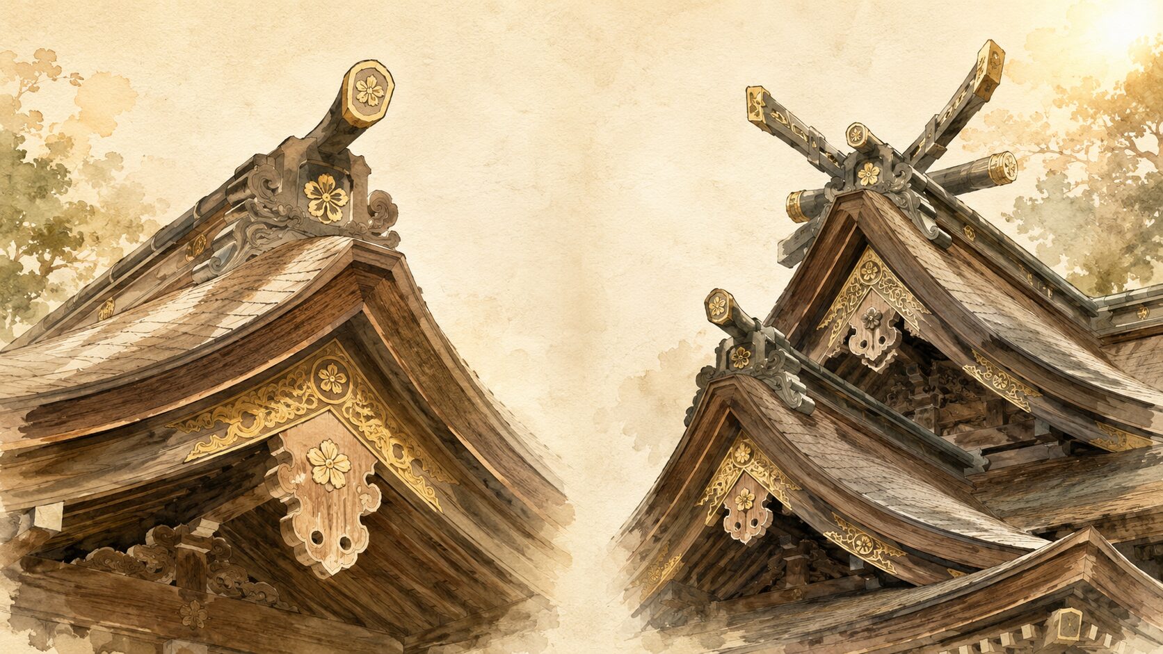 ivory washi 背景に painterly な2つの社殿の屋根装飾の比較構図、左に太宰府天満宮の桃山様式の屋根、右に北野天満宮の八棟造の屋根、建築様式の違いを象徴