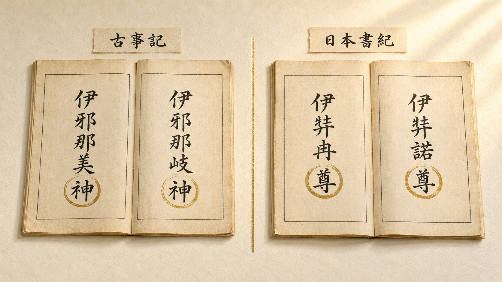 ivory washi 卓上に painterly な和綴じ古書2冊(左:古事記、右:日本書紀)が並べられた静物、表記と編集方針の違いを象徴