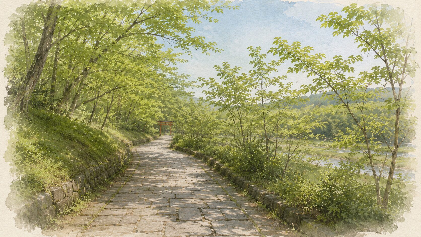5 月中旬の賀茂川堤近くの境内を上から俯瞰した painterly な情景。画面下半分に石畳の散歩道、両脇に若々しい青葉のケヤキやモミジの並木、画面奥に小さく朱色の鳥居 1 基が見える。空は爽やかな初夏の青空、参道は静かで人影なし。葵祭の季節感(初夏の青葉と石畳の落ち着き)を伝える観覧前夜の情景