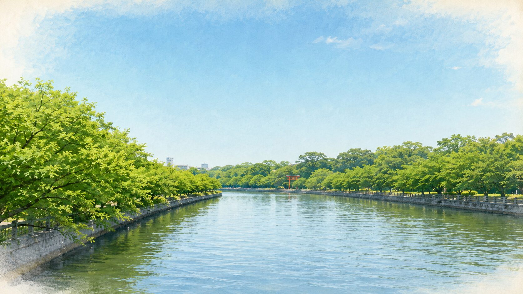 7 月下旬の大川沿いの桜宮公園を上から俯瞰した painterly な情景。画面下半分に大川の穏やかな水面、両脇に若々しい夏の青葉の桜並木、画面奥に小さく朱色の鳥居 1 基が見える。空は爽やかな夏の青空、河岸の遊歩道には人影なし。天神祭の観覧スポットとしての桜宮公園・大川沿いの夏景を伝える観覧前夜の情景
